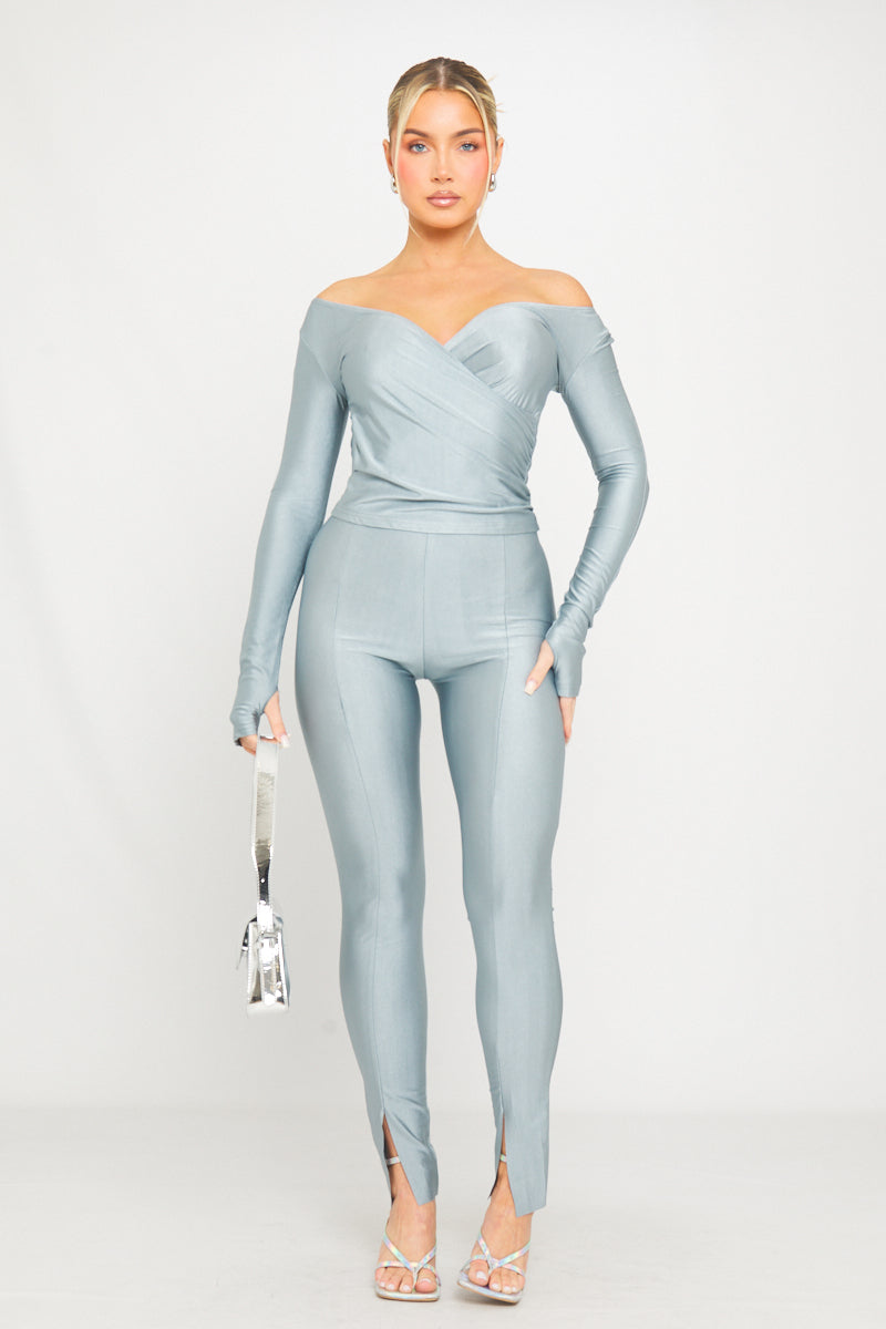 Silver Plunge Long Sleeve Wrap Top & Split Leggings Co-Ord