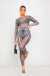 Zebra Print Sheer Mesh Long Sleeve Top & Leggings Co-Ord