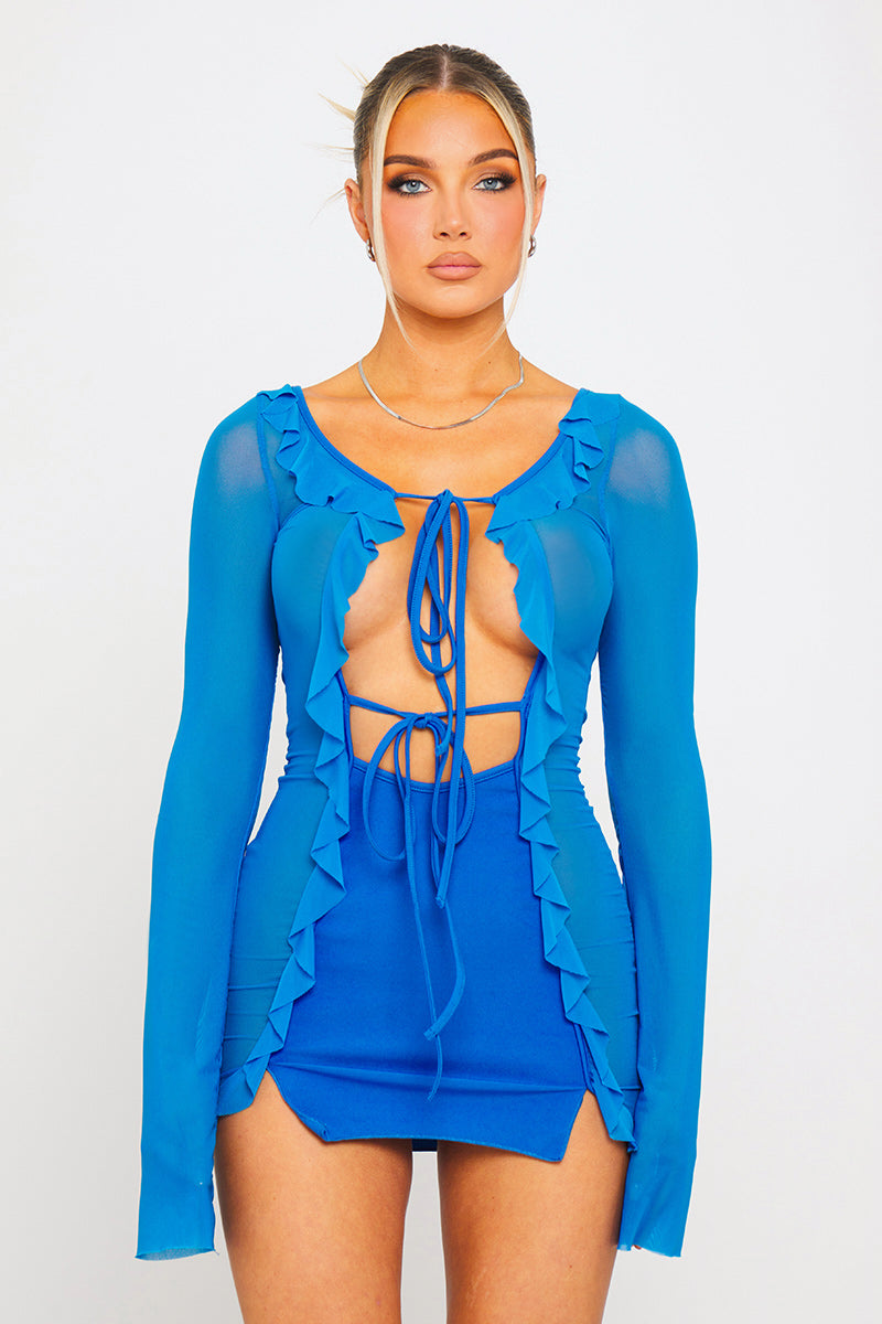 Blue Mesh Ruffle Tie Detail Long Sleeve Mini Dress