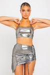 Silver Metallic Asymmetric Ruched Tie Detail Mini Skirt