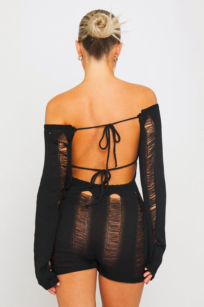 Black Off Shoulder Shredded Backless Long Sleeve Playsuit
