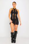 Black Shredded Halter Open Back Knit Mini Dress