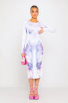 White Body Art Print Backless Long Sleeve Midi Dress