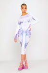 White Body Art Print Backless Long Sleeve Midi Dress