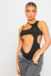 Black Asymmetric Cut Out Sleeveless Bodysuit