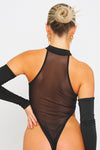 Black Mesh Extreme High Leg Bodysuit With Sleeves