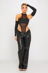 Black Mesh Extreme High Leg Bodysuit With Sleeves