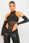 Black Mesh Extreme High Leg Bodysuit With Sleeves