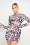 Zebra Sheer Mesh Floral Print Long Sleeve Mini Dress