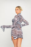 Zebra Sheer Mesh Floral Print Long Sleeve Mini Dress