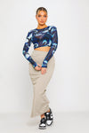 Blue Mesh Swirl Print Long Sleeve Crop Top