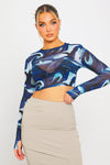 Blue Mesh Swirl Print Long Sleeve Crop Top