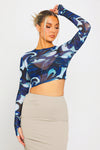 Blue Mesh Swirl Print Long Sleeve Crop Top