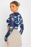 Blue Mesh Swirl Print Long Sleeve Crop Top