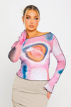 Pink Mesh Galaxy Print Contrast Trim Long Sleeve Top