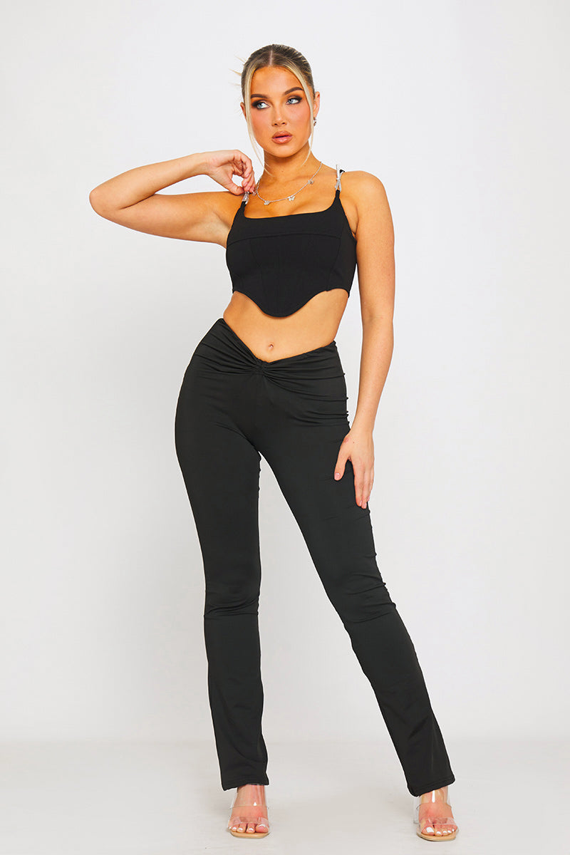 Black Metallic Strap Curved Hem Corset Crop Top