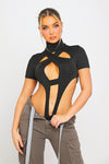 Black Extreme High Leg Cut Out Short Sleeve Bodysuit