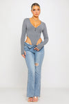 Dark Grey Ribbed Plunge High Leg Long Sleeve Bodysuit