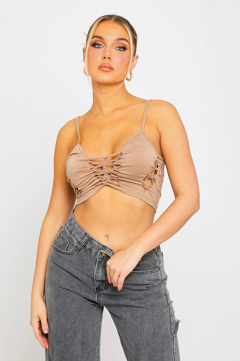 Mocha Multi Cut Out Braid Detail Strappy Crop Top