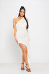 Cream Ruched One Shoulder Textured Asymmetric Midaxi Dress