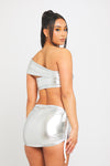 Silver Metallic Ruched Bandeau Crop Top & Mini Skirt Co-Ord