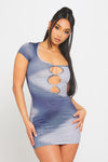 Blue Cut Out Illusion Body Print Short Sleeve Mini Dress