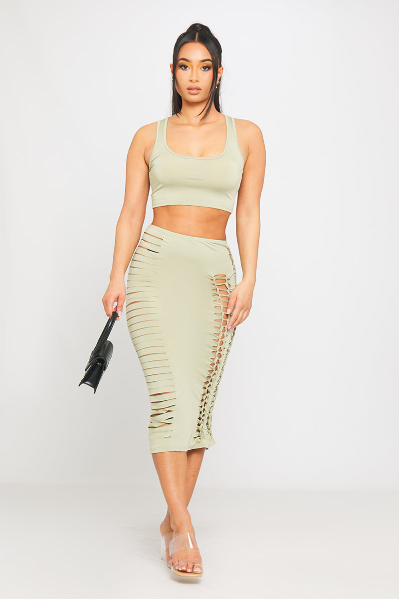 Sage Cut Out Braid Detail Crop Top & Midi Skirt Co-Ord