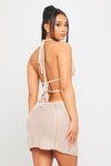 Sand Crochet Knit Halterneck Cut Out Backless Mini Dress