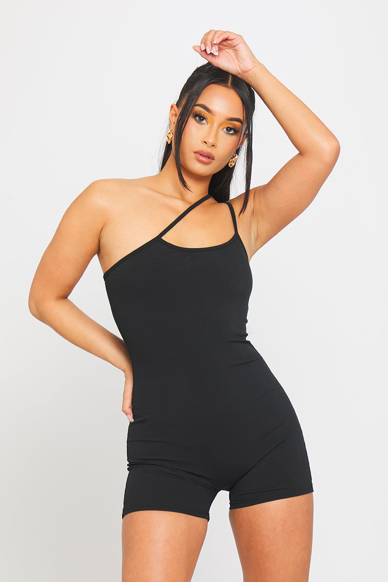 Black Ribbed Asymmetric One Shoulder Playsuit