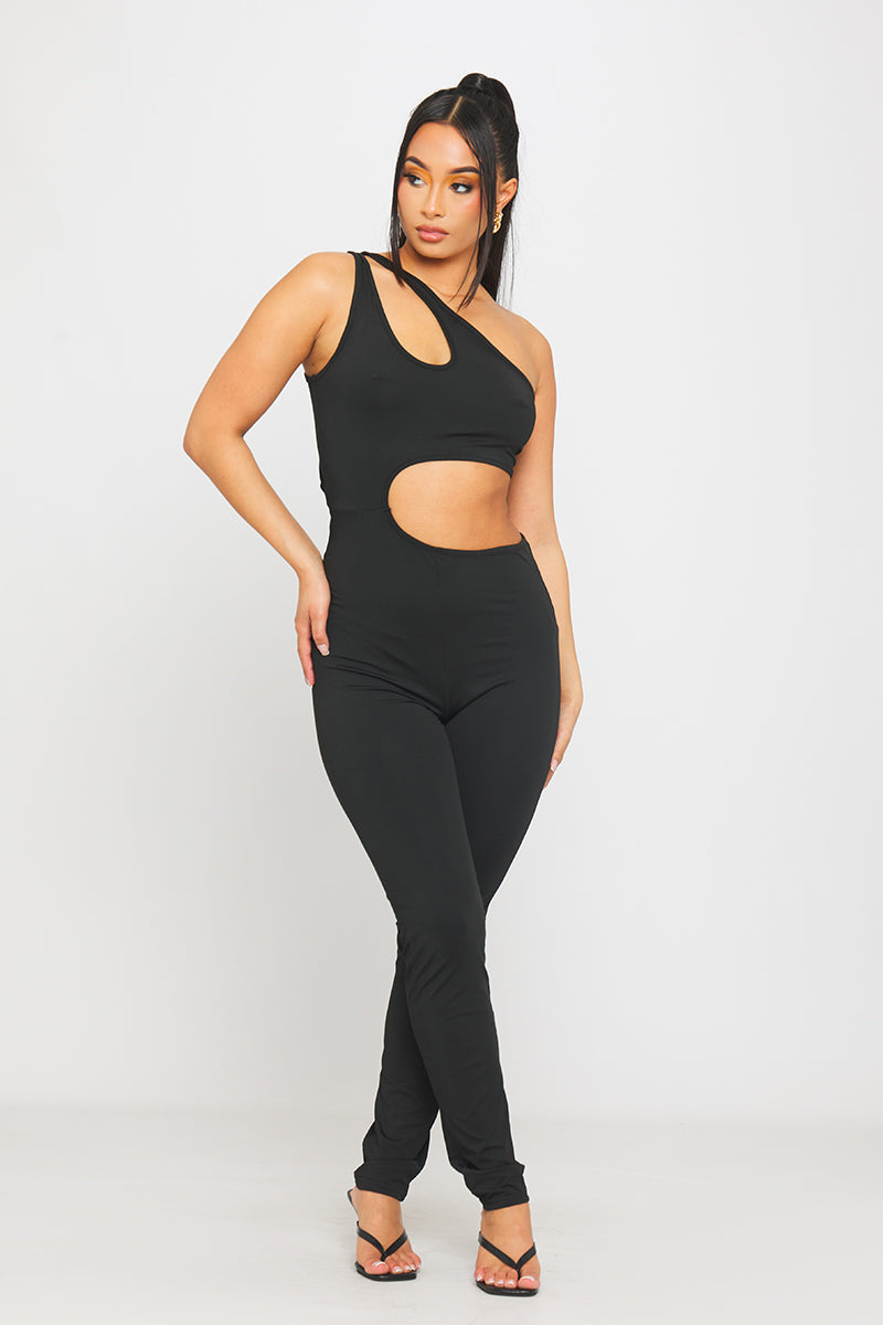 Black Cut Out One Shoulder Asymmetric Jumpsuit