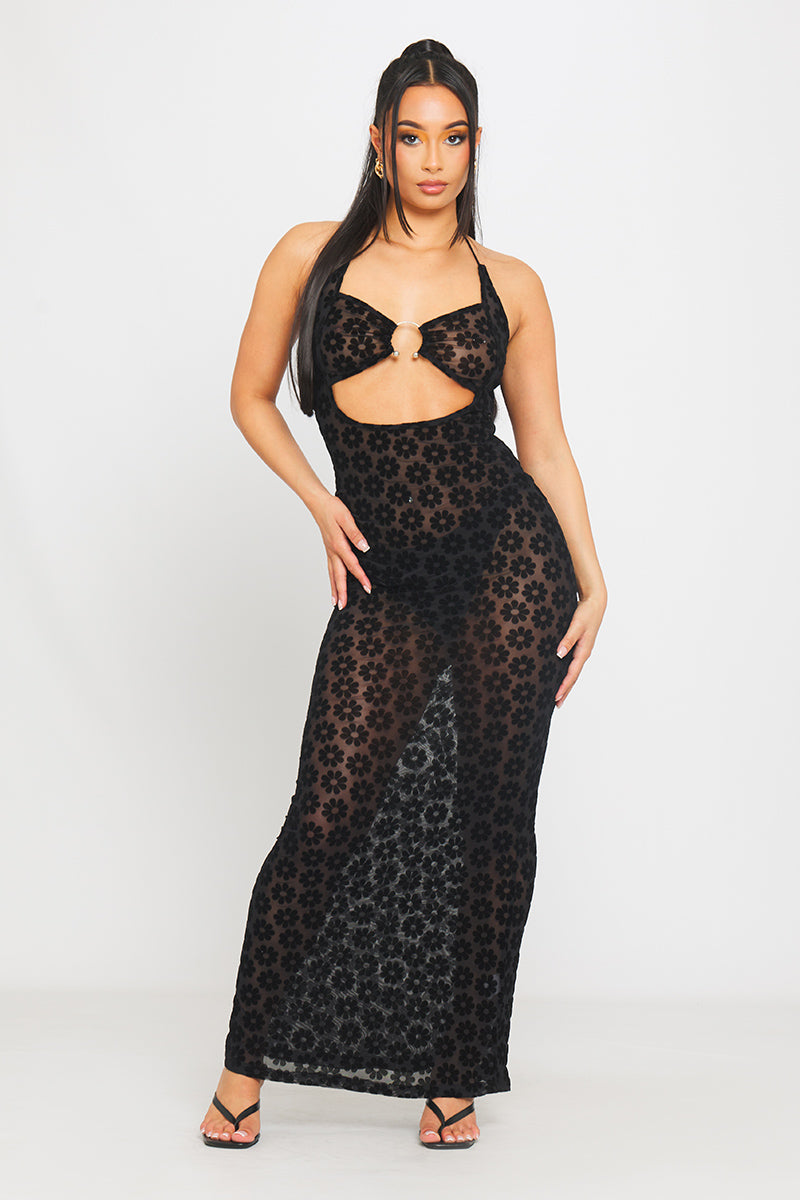 Black Mesh Embossed Halter Cut Out Detail Maxi Dress