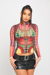 Multi Mesh Polka Dot Print High Neck Long Sleeve Top