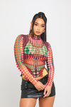 Multi Mesh Polka Dot Print High Neck Long Sleeve Top