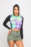 Black Thermal Body Print High Neck Long Sleeve Crop Top