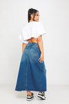 Dark Blue Wash Denim Thigh Split Maxi Skirt