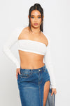 White Rib Knit Square Neck Long Sleeve Crop Top