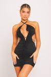 Black Halter Cut Out Detail Ruffle Trim Mini Dress