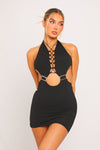 Black Halter Cut Out Tie Detail Plunge Mini Dress