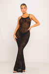 Black Zebra Embossed Sheer Backless Mermaid Maxi Dress