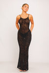 Black Zebra Embossed Sheer Backless Mermaid Maxi Dress