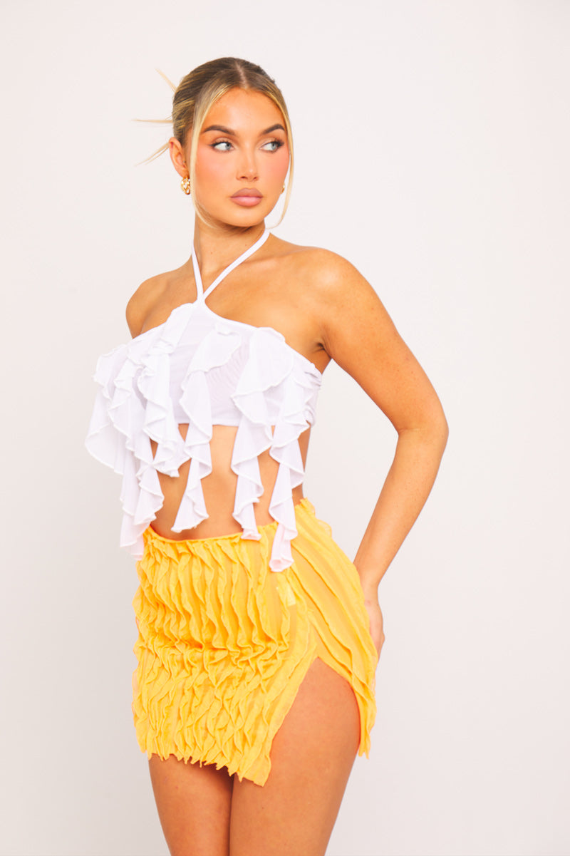 White Halterneck Sheer Ruffle Detail Crop Top