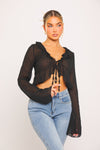 Black Sheer Ruffle Trim Tie Detail Flared Sleeve Top