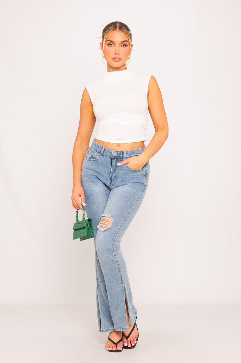 White High Neck Sleeveless Ruched Crop Top