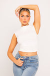 White High Neck Sleeveless Ruched Crop Top