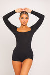 Black Ribbed Square Neck Open Back Long Sleeve Playsuit