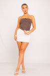 Dark Brown Ribbed Button Front Bandeau Crop Top