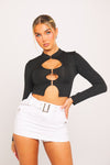 Black High Neck Cut Out Buckle Long Sleeve Crop Top