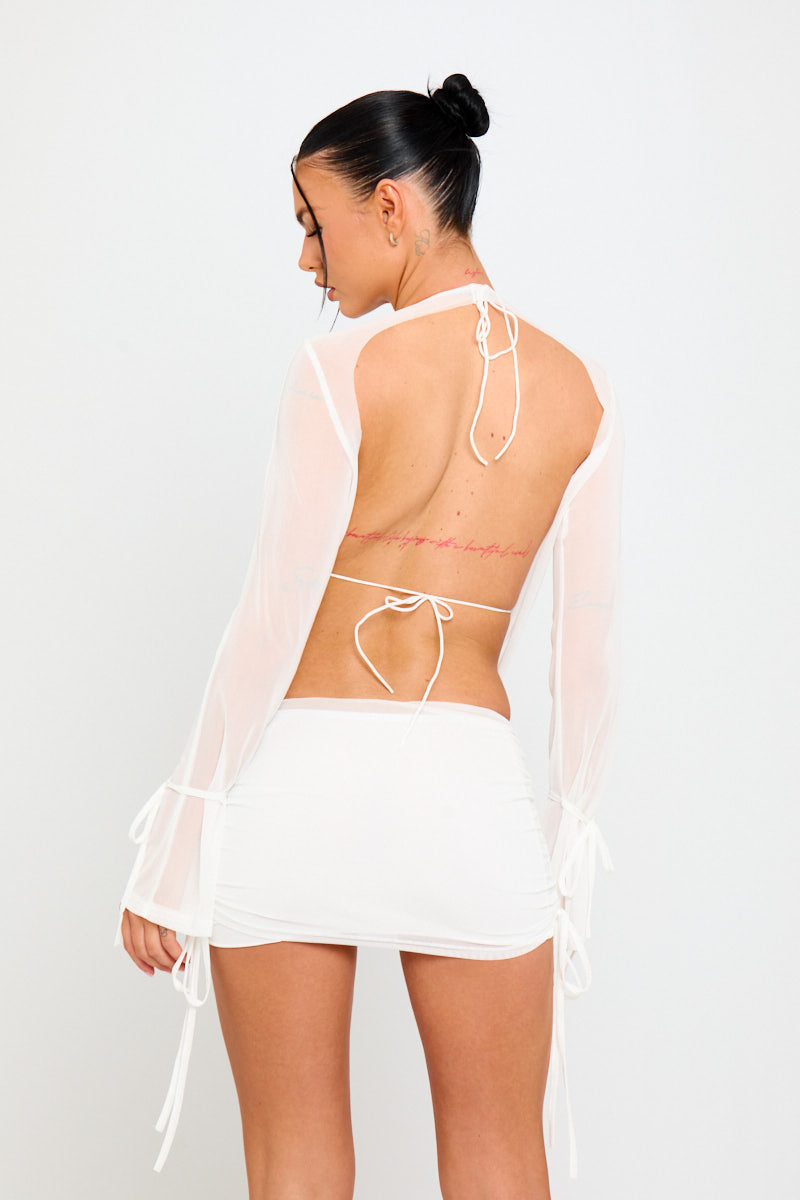 White Sheer Mesh Ruched Drawstring Overlay Co-Ord