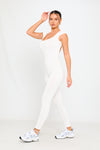 White Open Back Scoop Neck Cap Sleeve Jumpsuit 