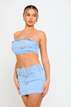 Light Blue Denim Buckle Tube Top & Low Rise Mini Skirt